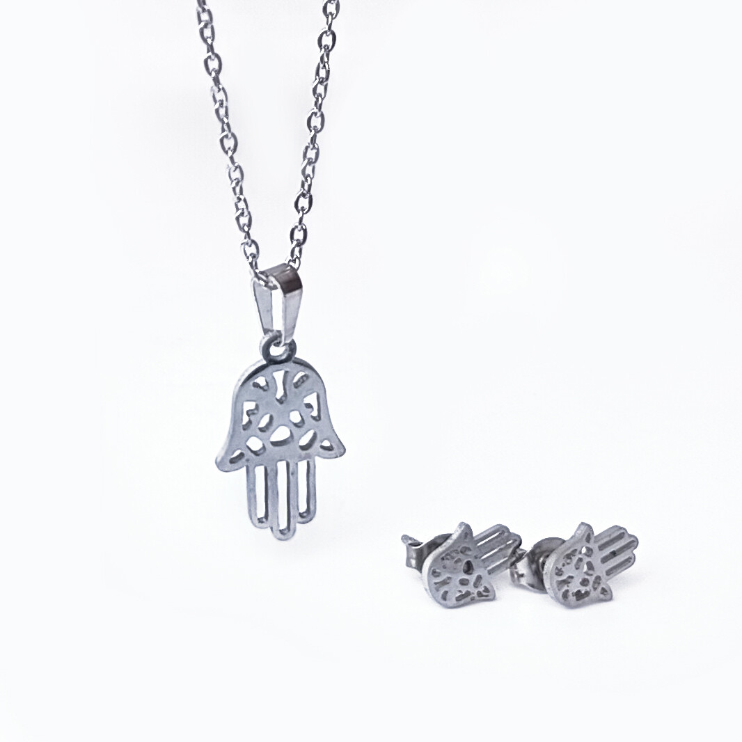 Hamsa hand necklace and earing set (Silver toned)
