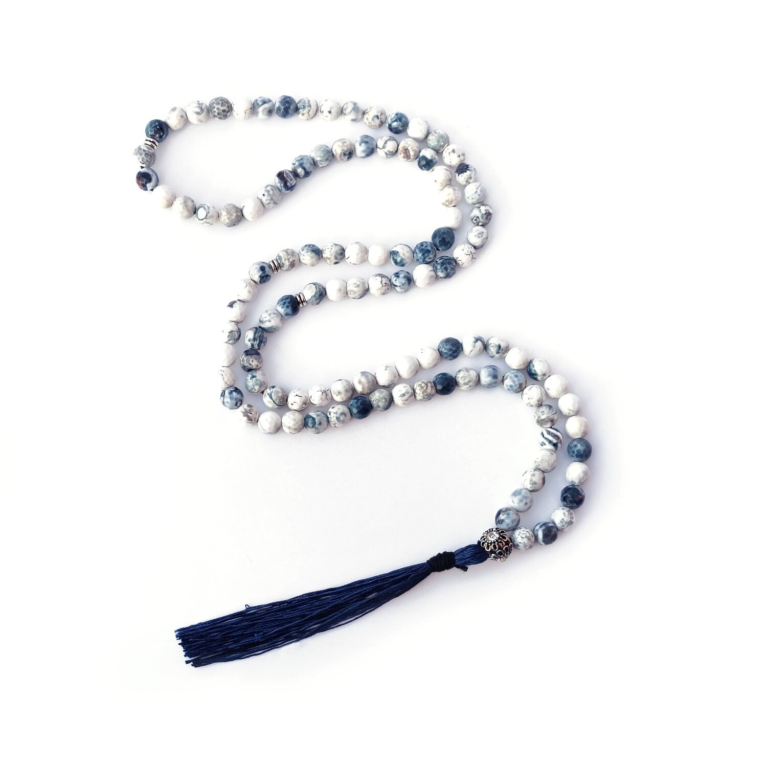 Faceted White and Blue Agate Mala