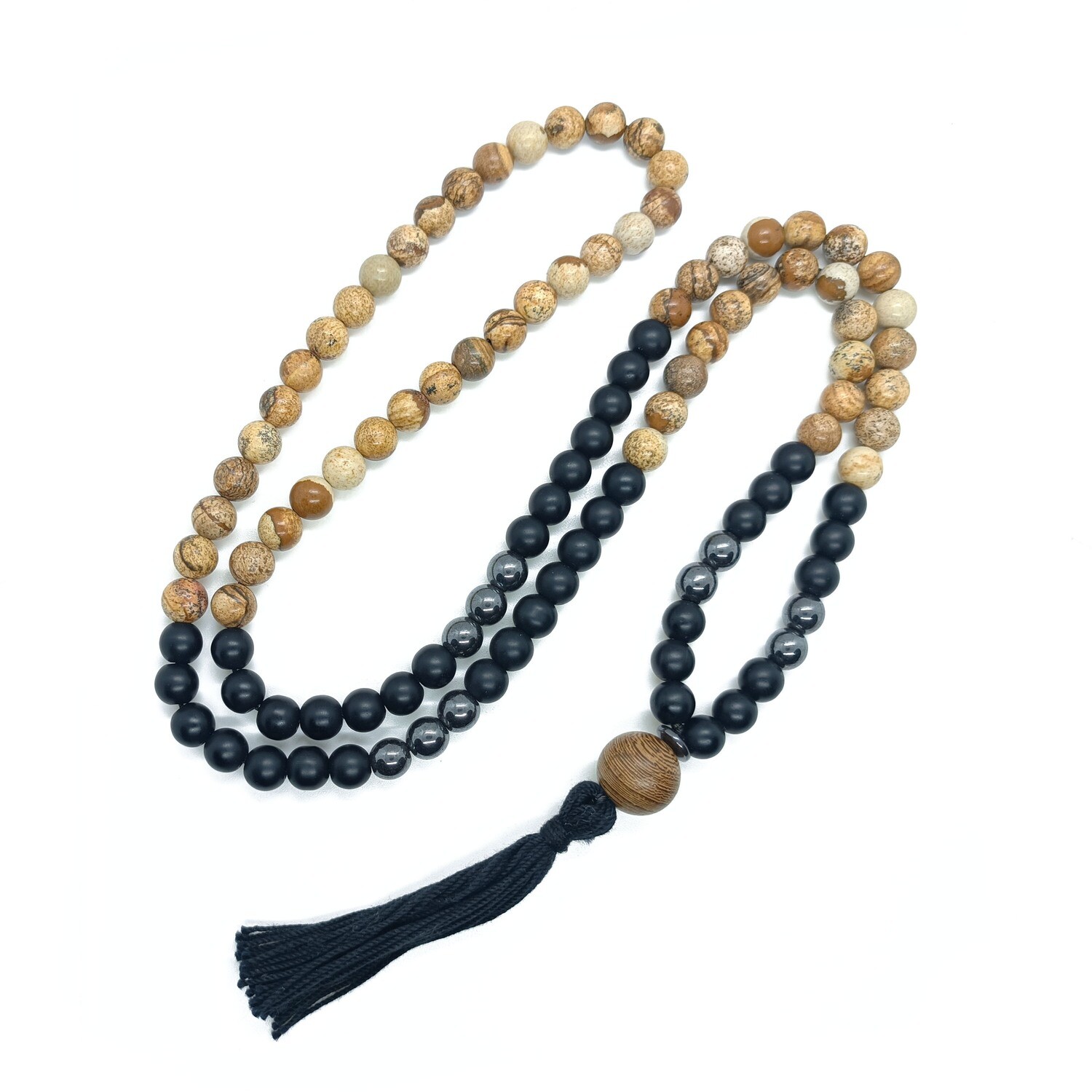 Picture Jasper, Hematite and Black Onyx Mala