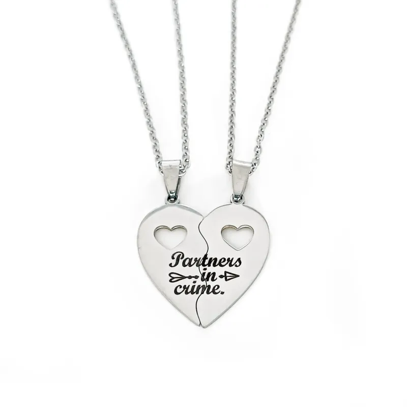 Personalised &#39;Partners in Crime&#39; Heart Necklace Pair – Engraved Stainless Steel Set