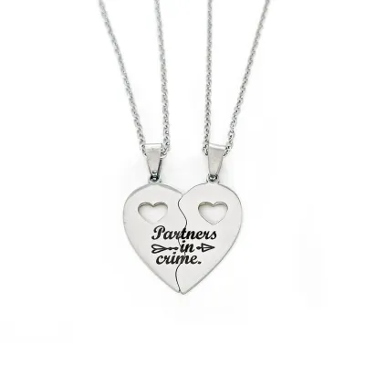 Personalised &#39;Partners in Crime&#39; Heart Necklace Pair – Engraved Stainless Steel Set