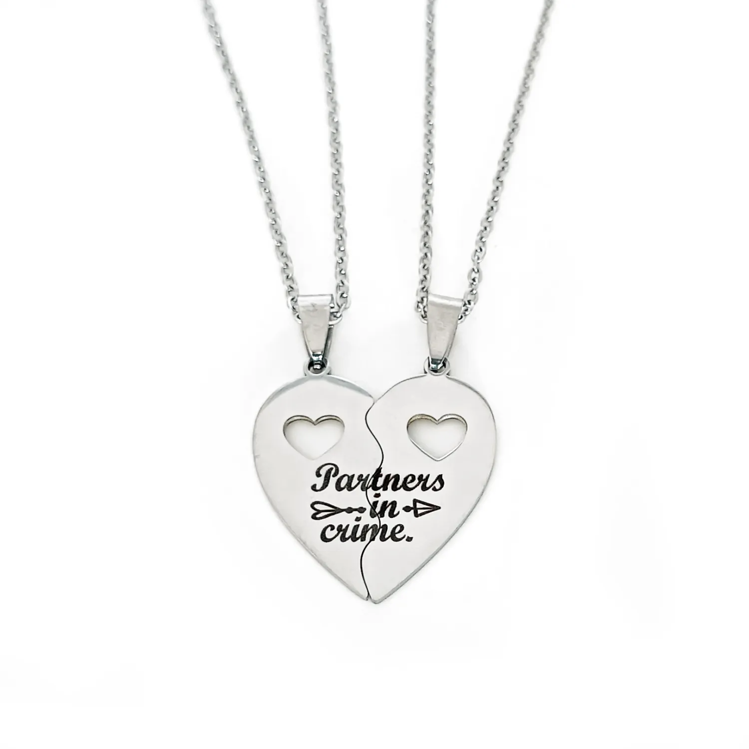 Personalised &#39;Partners in Crime&#39; Heart Necklace Pair – Engraved Stainless Steel Set