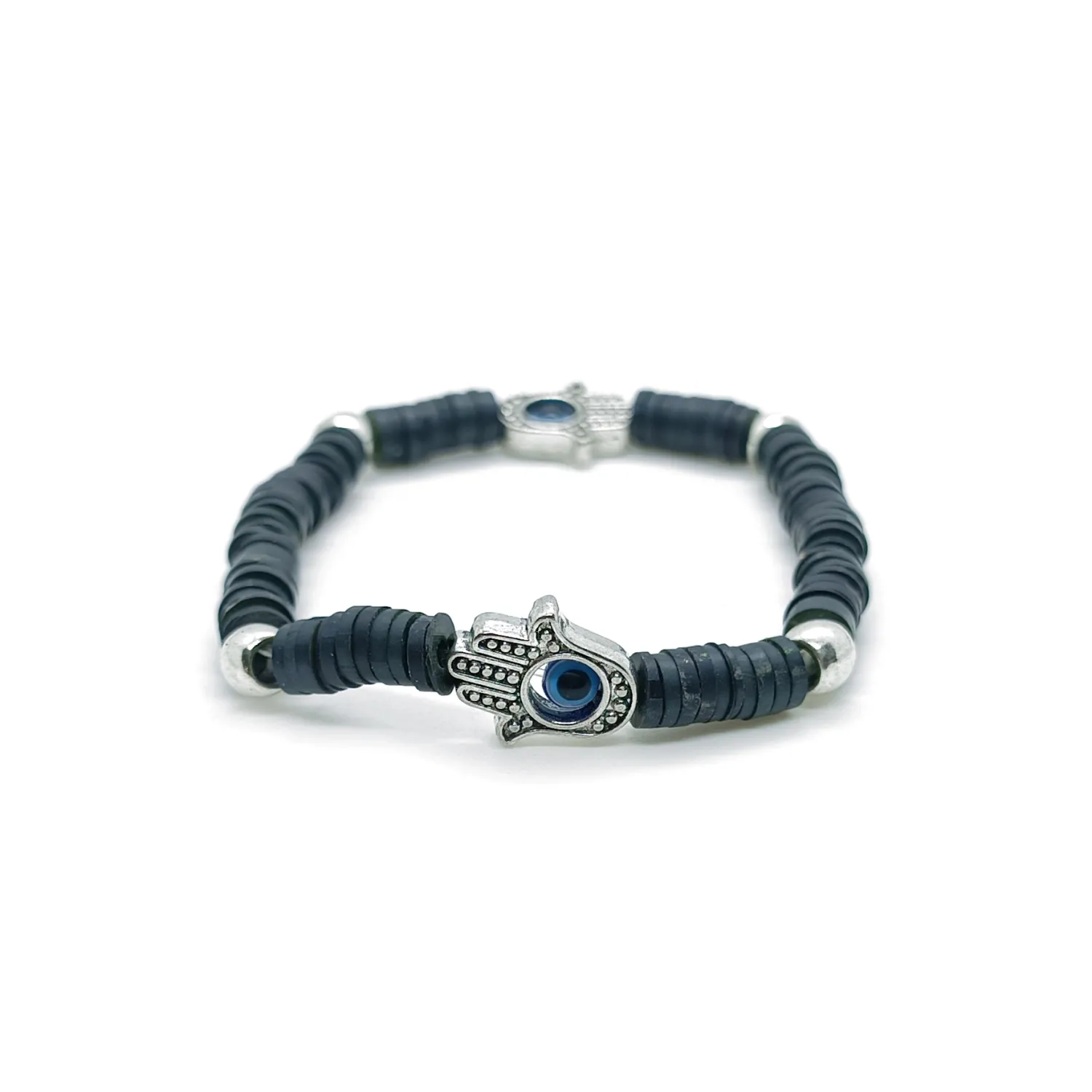 Hamsa hand and evil eye clay disk bracelet