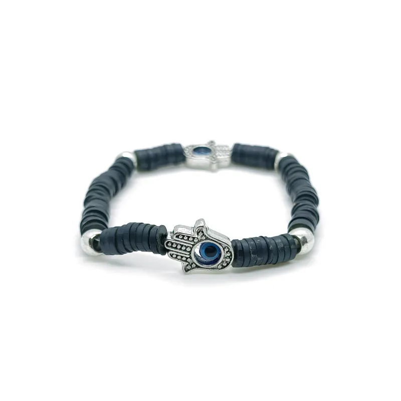 Hamsa hand and evil eye clay disk bracelet