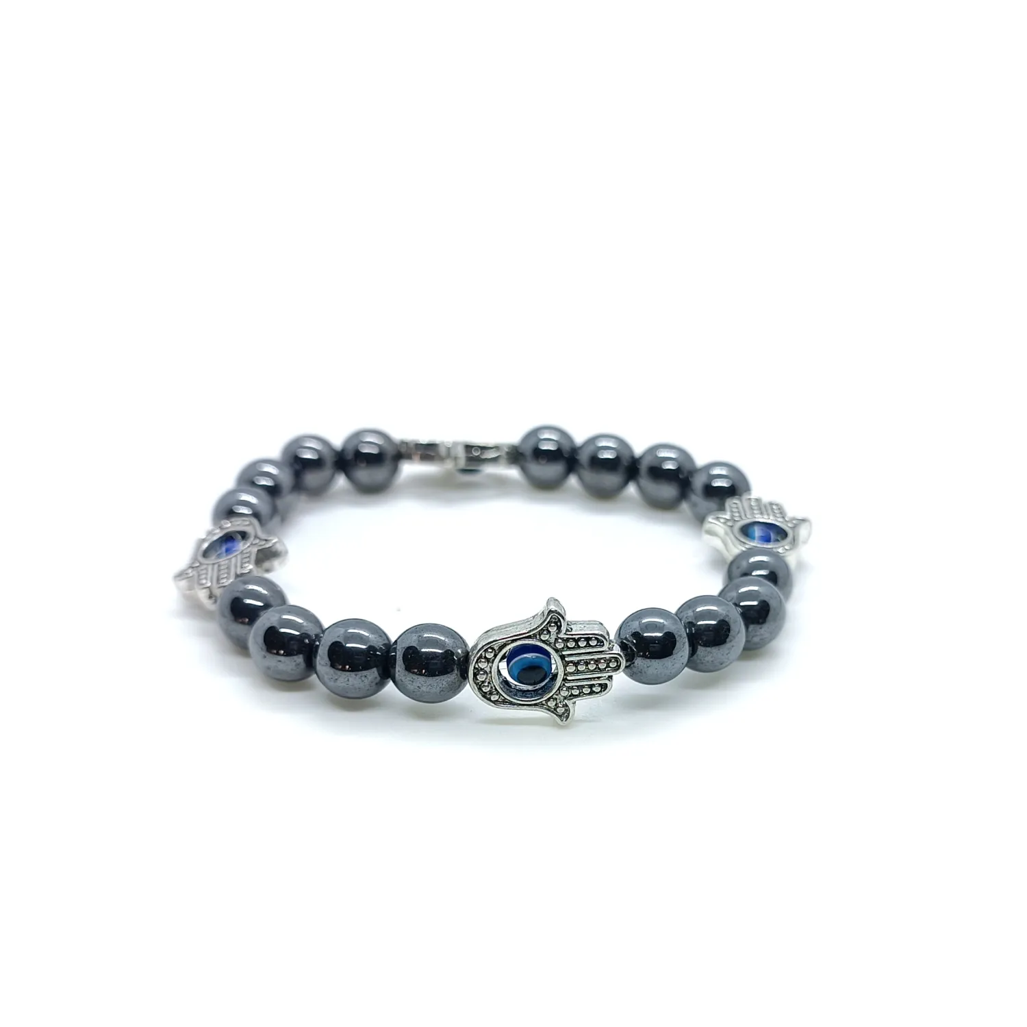 Hematite bracelet with Hamsa hand and evil eye