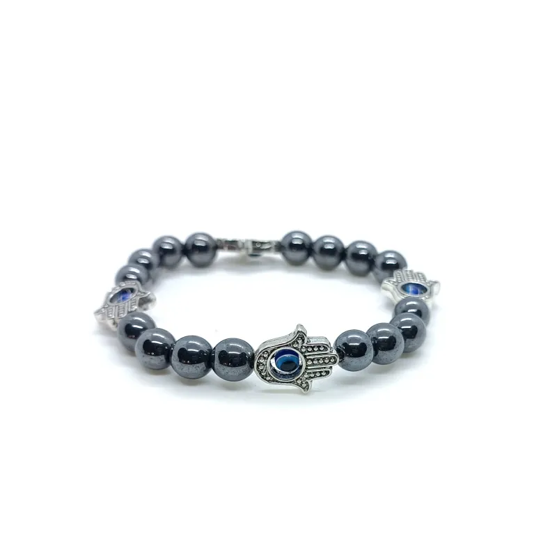 Hematite bracelet with Hamsa hand and evil eye