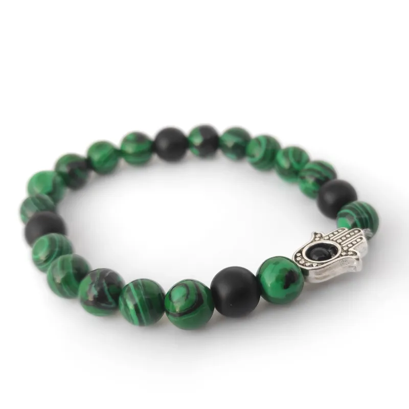 Malachite gemstone with Black Onyx gemstone &amp; Hamsa hand bracelet