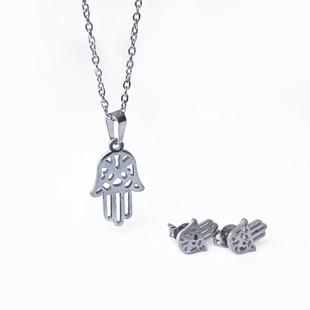 Hamsa hand necklace and earring set (Silver toned)
