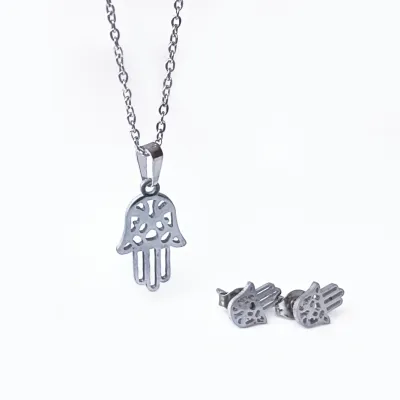 Hamsa hand necklace and earring set (Silver toned)