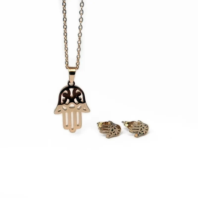 Hamsa hand necklace and earring set (Gold toned)