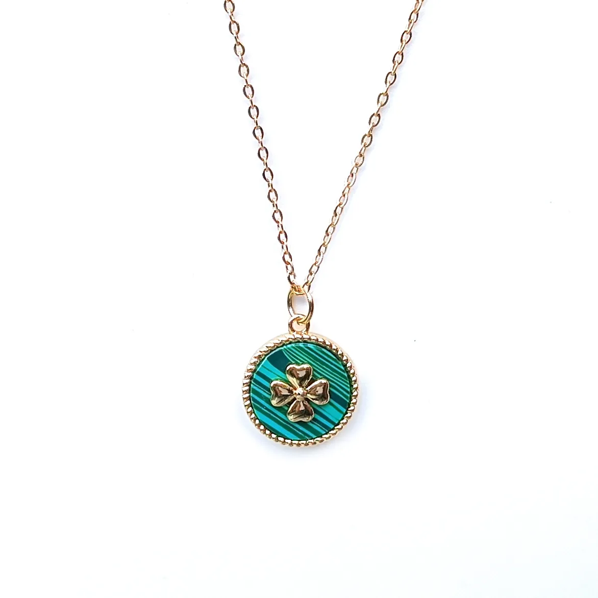 Green &amp; Gold Four-Leaf Clover Necklace – Symbol of Luck &amp; Style