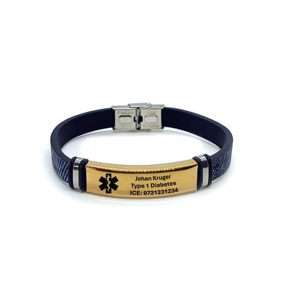 Personalised Medical Alert Denim Bracelet (Gold Tone)