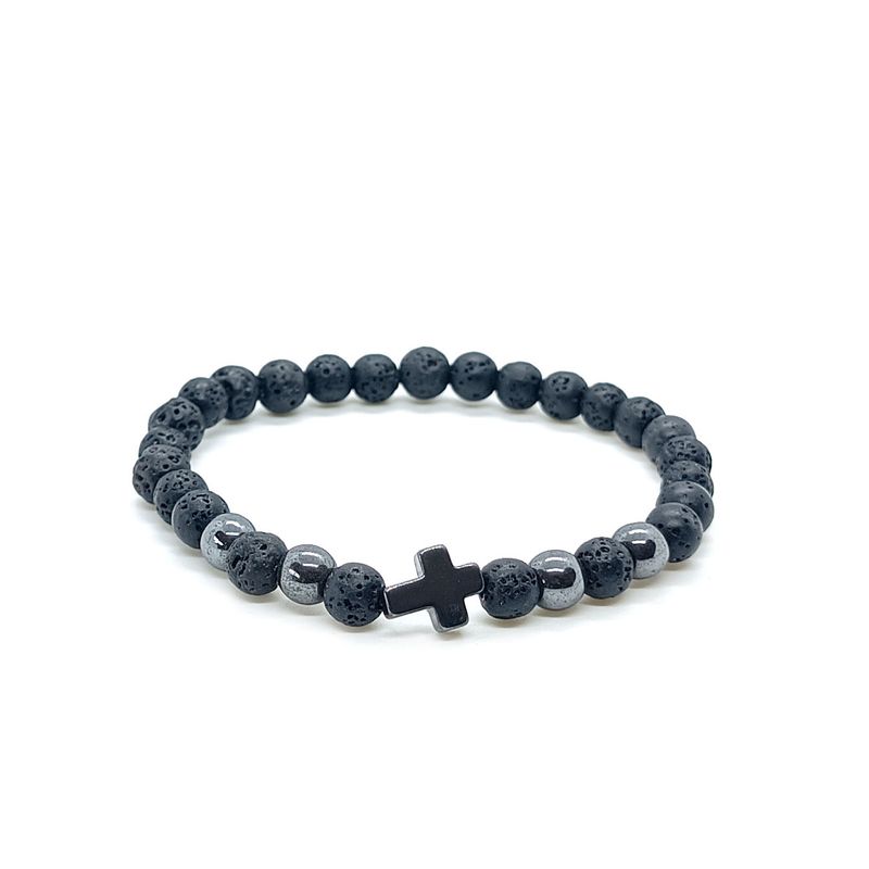 Black Onyx &amp; Hematite Cross Bracelet (6mm)