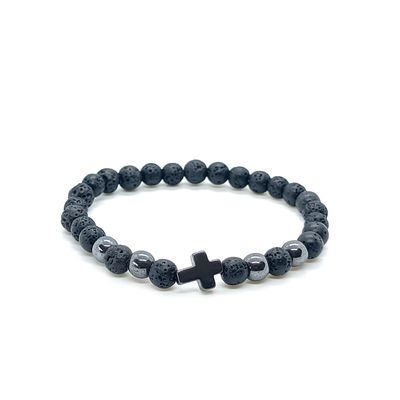 Black Onyx &amp; Hematite Cross Bracelet (6mm) 