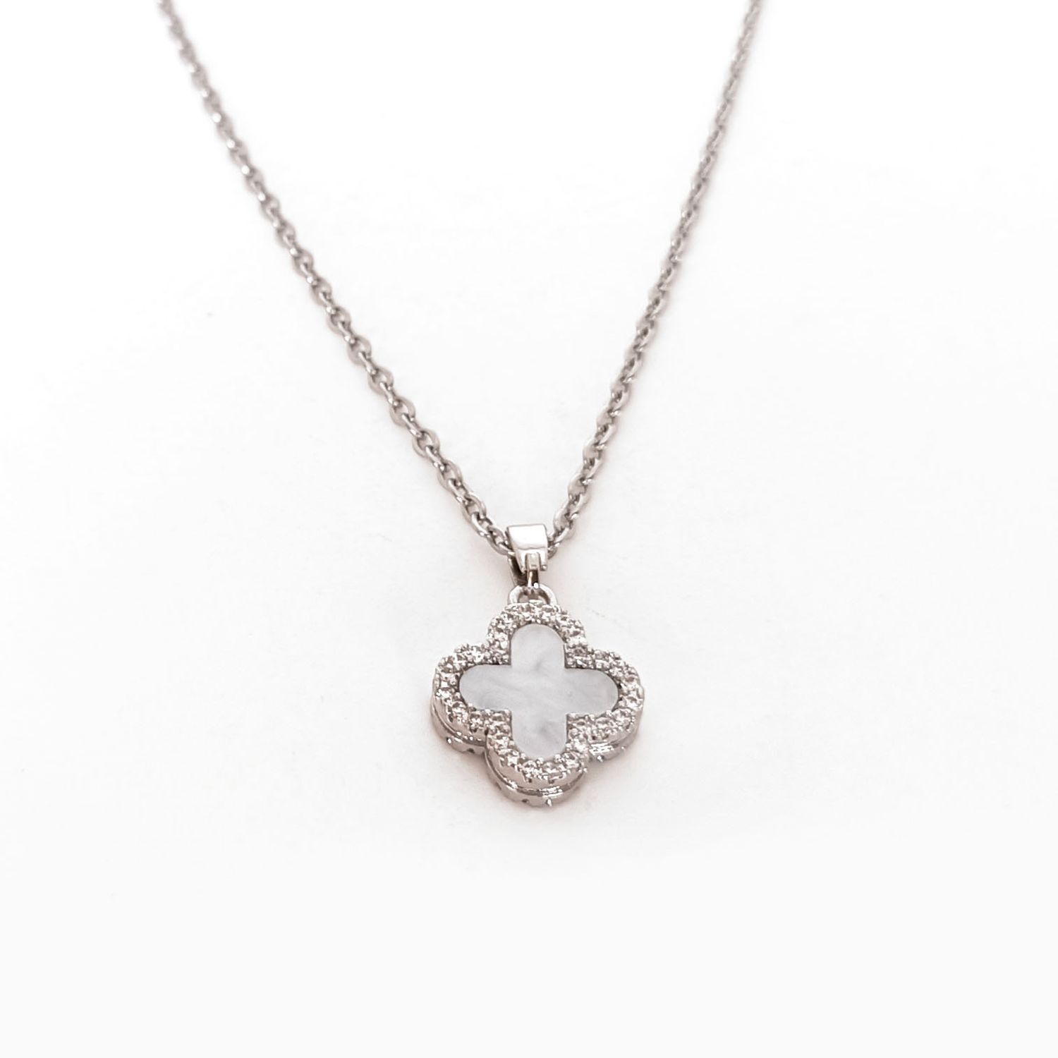 Silver-Toned Reversible Clover Necklace – Black &amp; White Two-in-One Elegance