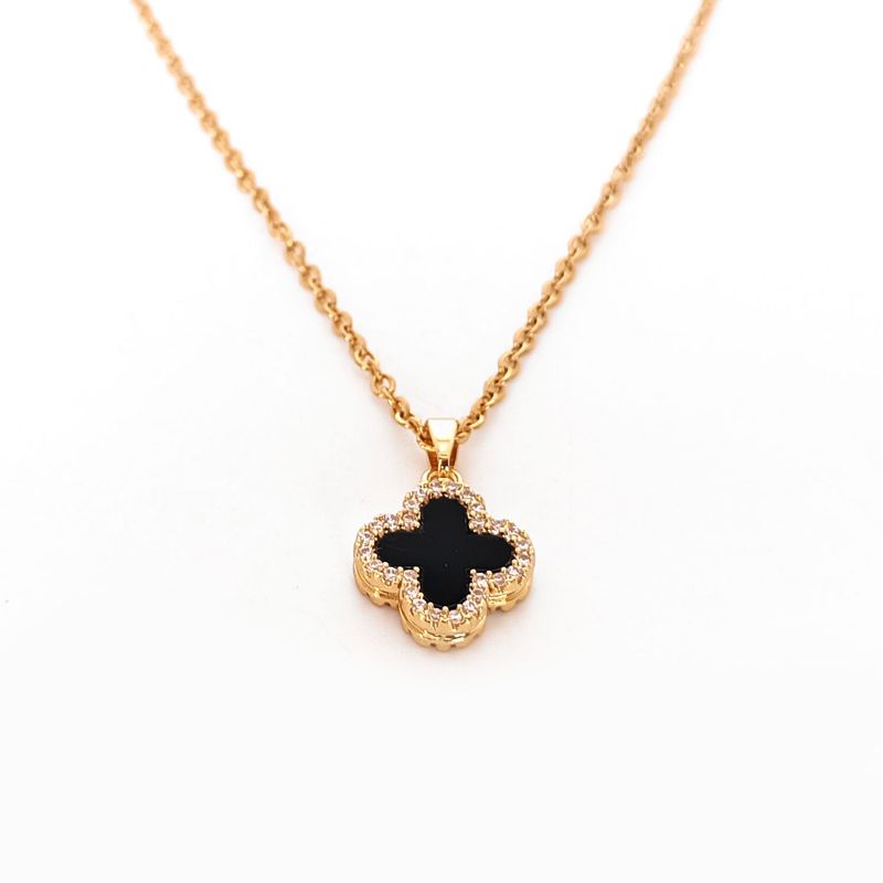Gold-Toned Reversible Clover Necklace – Black &amp; White Dual-Style Elegance