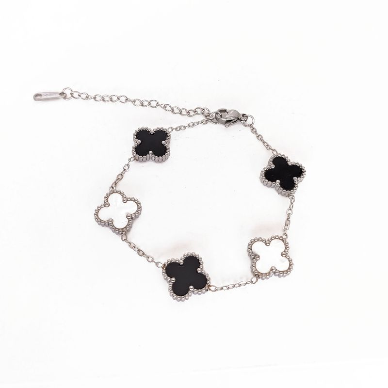Black &amp; White Clover Bracelet – Silver-Toned Symbol of Harmony &amp; Luck