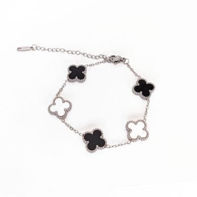 Black &amp; White Clover Bracelet – Silver-Toned Symbol of Harmony &amp; Luck