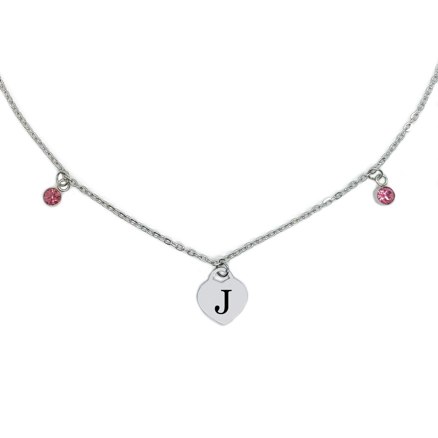 Personalised Engraved Initial Heart Necklace (Pink Zirconia&#39;s)