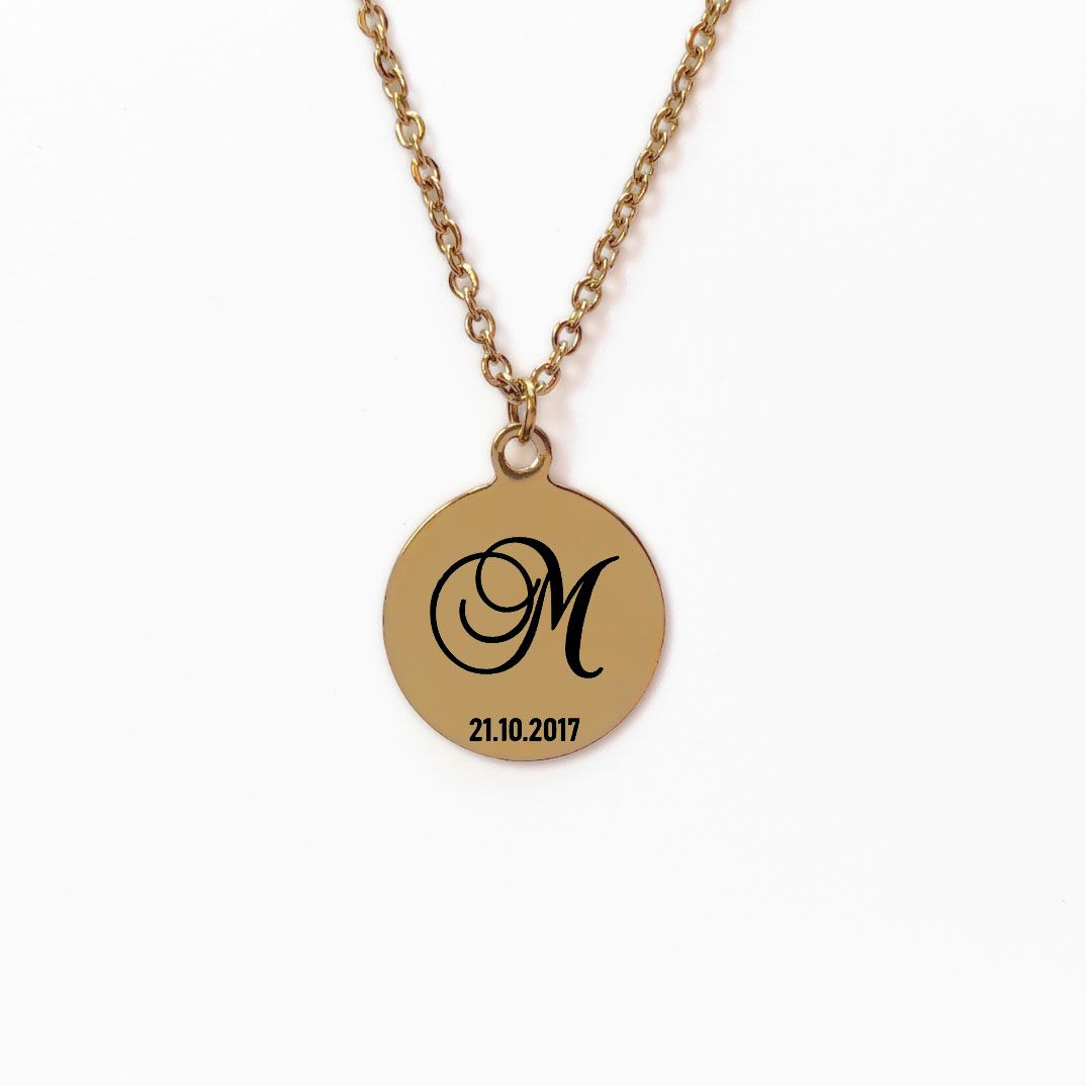 Personalised Engraved Monogram and Date Necklace (Gold Tone)