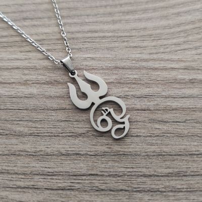 Aum (Om) and Trishul necklace (Silver toned)