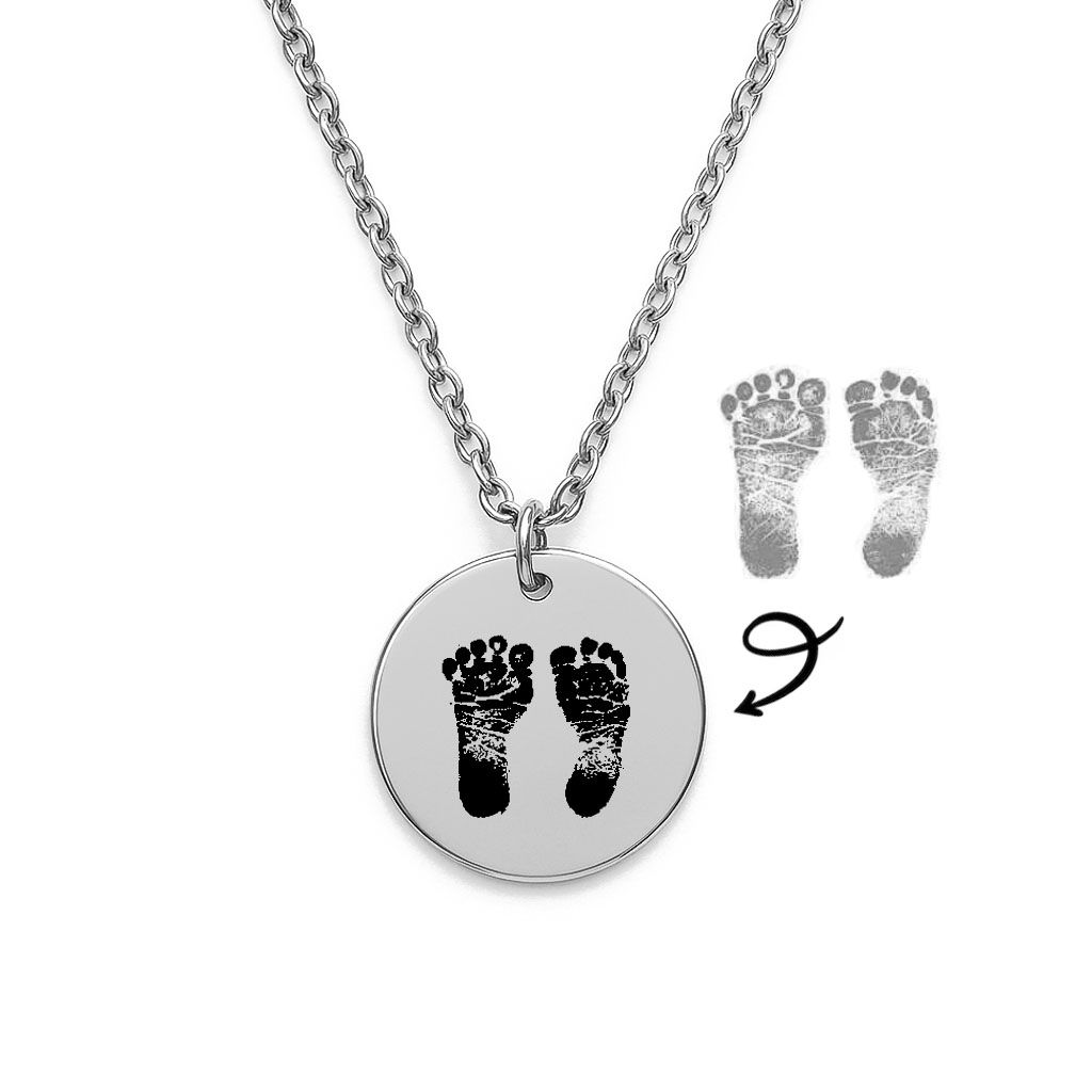 Baby Footprint Necklace – Engraved Custom Keepsake Pendant (Silver Tone)
