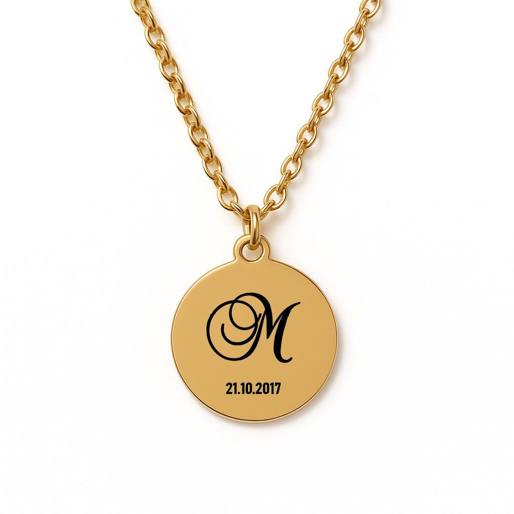 Personalised Engraved Monogram and Date Necklace (Gold Tone)