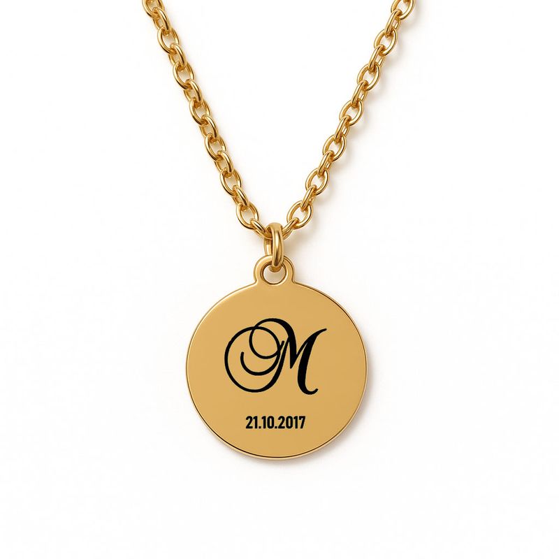 Personalised Engraved Monogram and Date Necklace (Gold Tone)