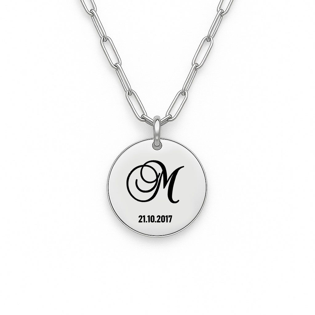 Personalised Engraved Monogram and Date Necklace (Silver Tone)