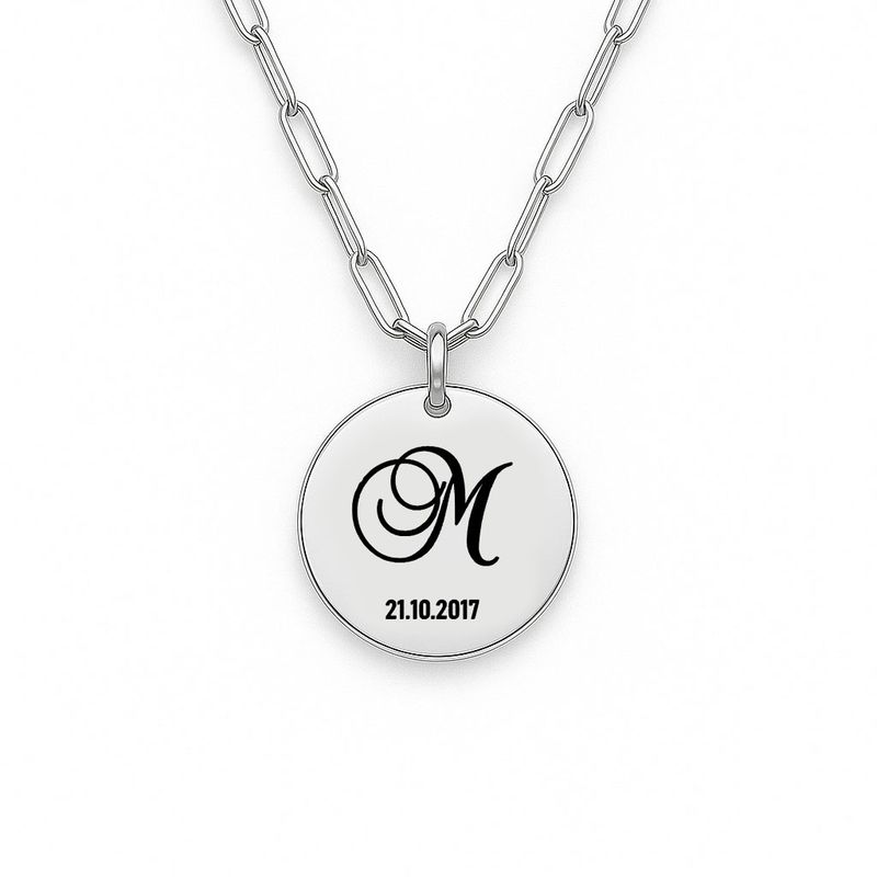 Personalised Engraved Monogram and Date Necklace (Silver Tone)