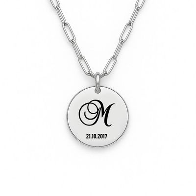 Personalised Engraved Monogram and Date Necklace (Silver Tone)