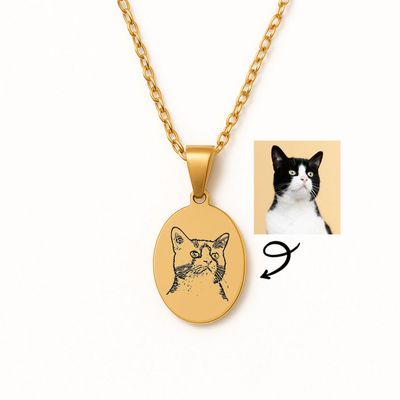 Pet Photo Necklace – Engraved Custom Pendant Keepsake (Gold Tone)
