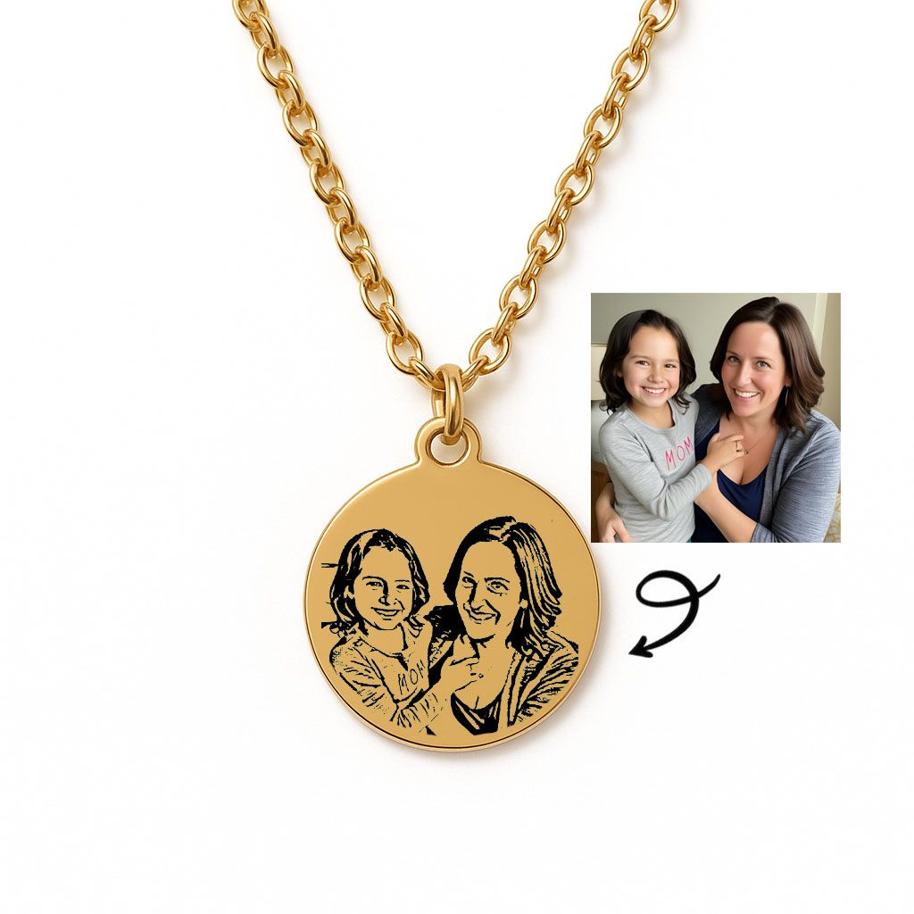 Family &amp; Friends Photo Necklace – Engraved Custom Pendant Keepsake (Gold Tone)