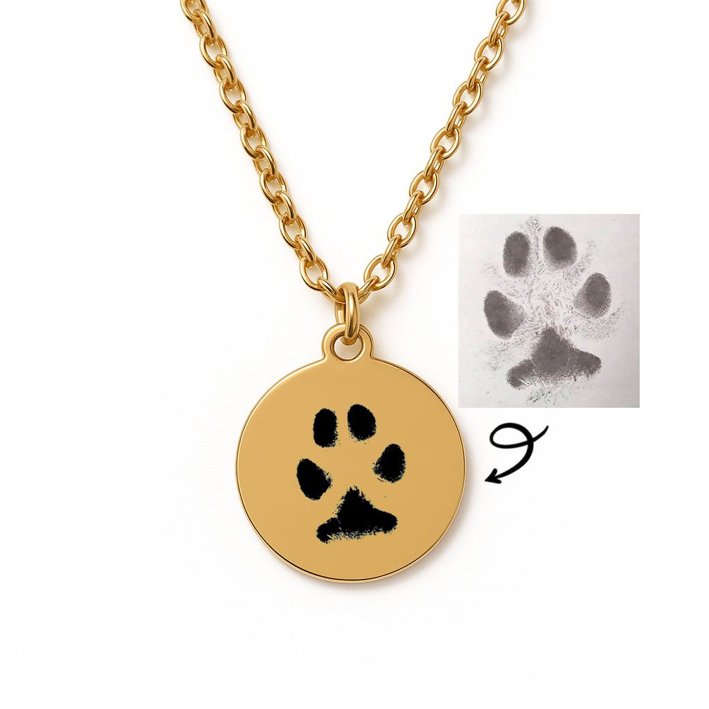 Personalised Engraved Pet Paw Print Necklace (Gold Tone)