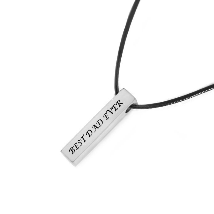 Personalised Bar Necklace - Engraved Pendant with Black Cord (Silver Tone)