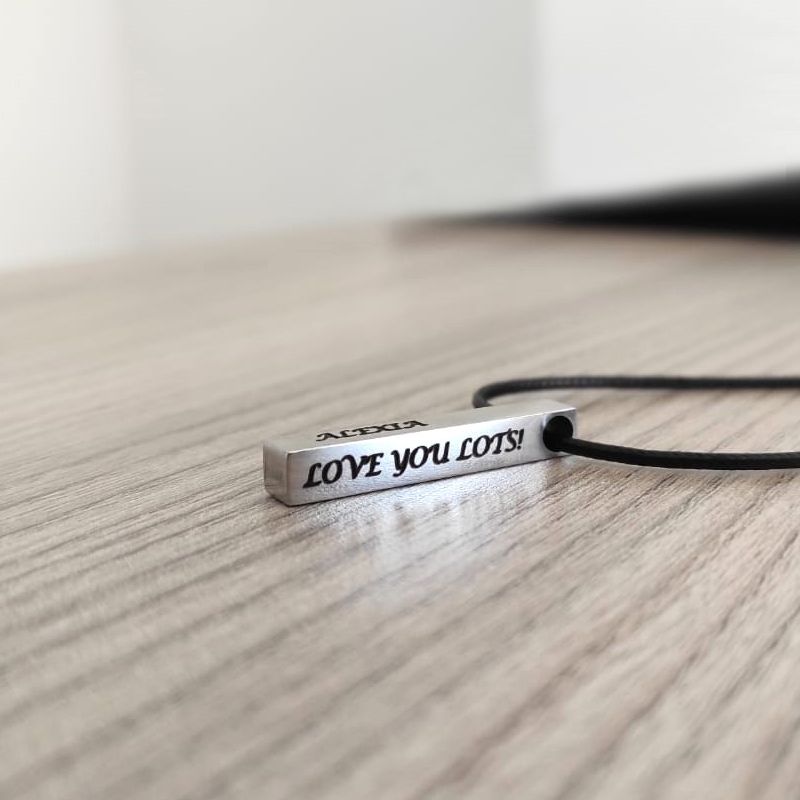 Personalised Bar Necklace - Engraved Pendant with Black Cord (Silver Tone)