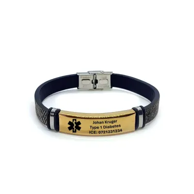 Personalised Medical Alert Black Denim Bracelet (Gold Tone)