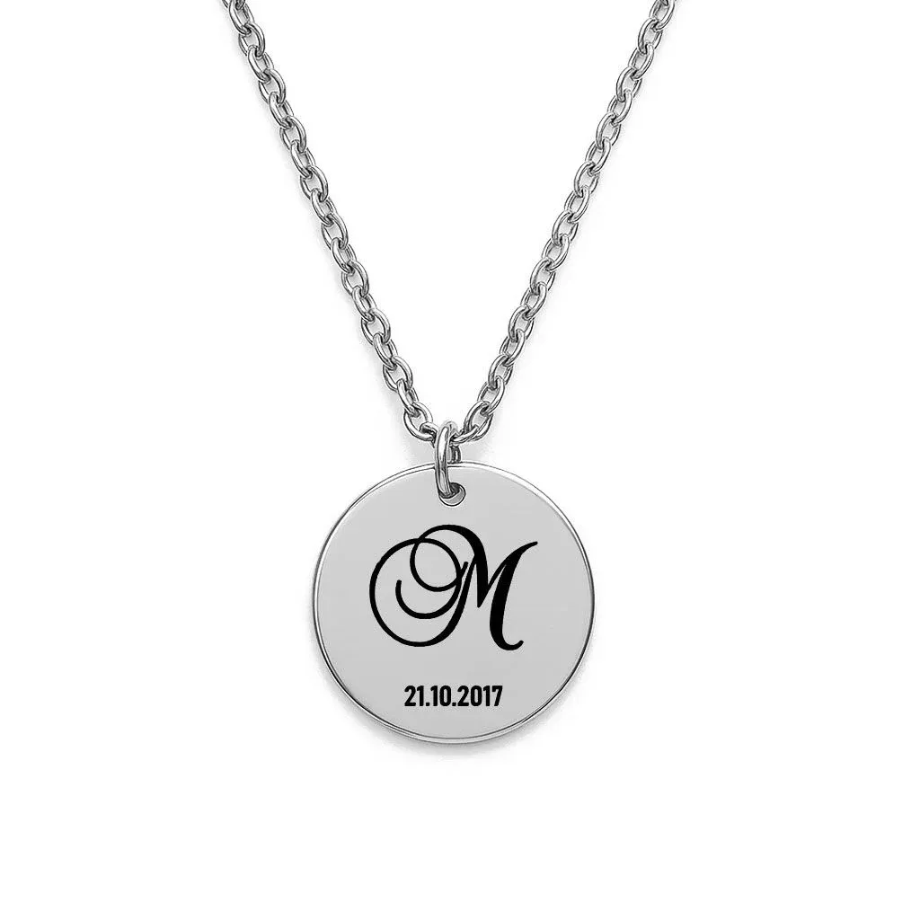personalised monogram and date necklace silver tone pendant engraved 20 mm with integrated bail custom keepsake jewellery