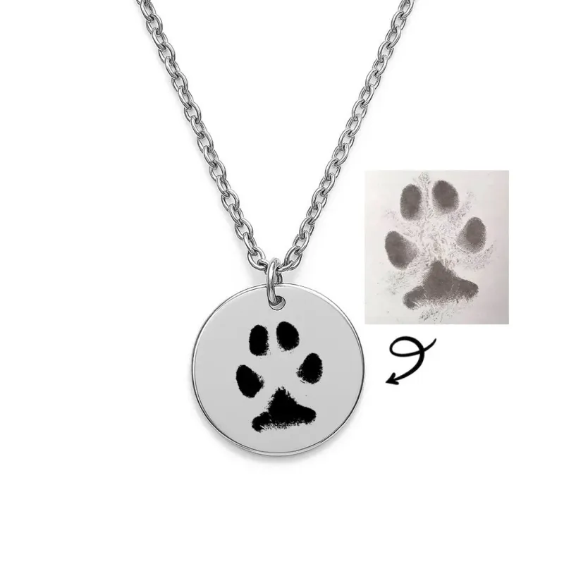 personalised engraved pet paw print necklace silver tone pendant 20 mm with integrated bail custom keepsake jewellery