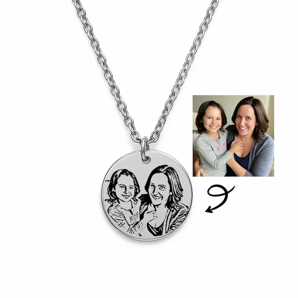 photo necklace silver tone engraved pendant 20 mm with integrated bail custom keepsake jewellery