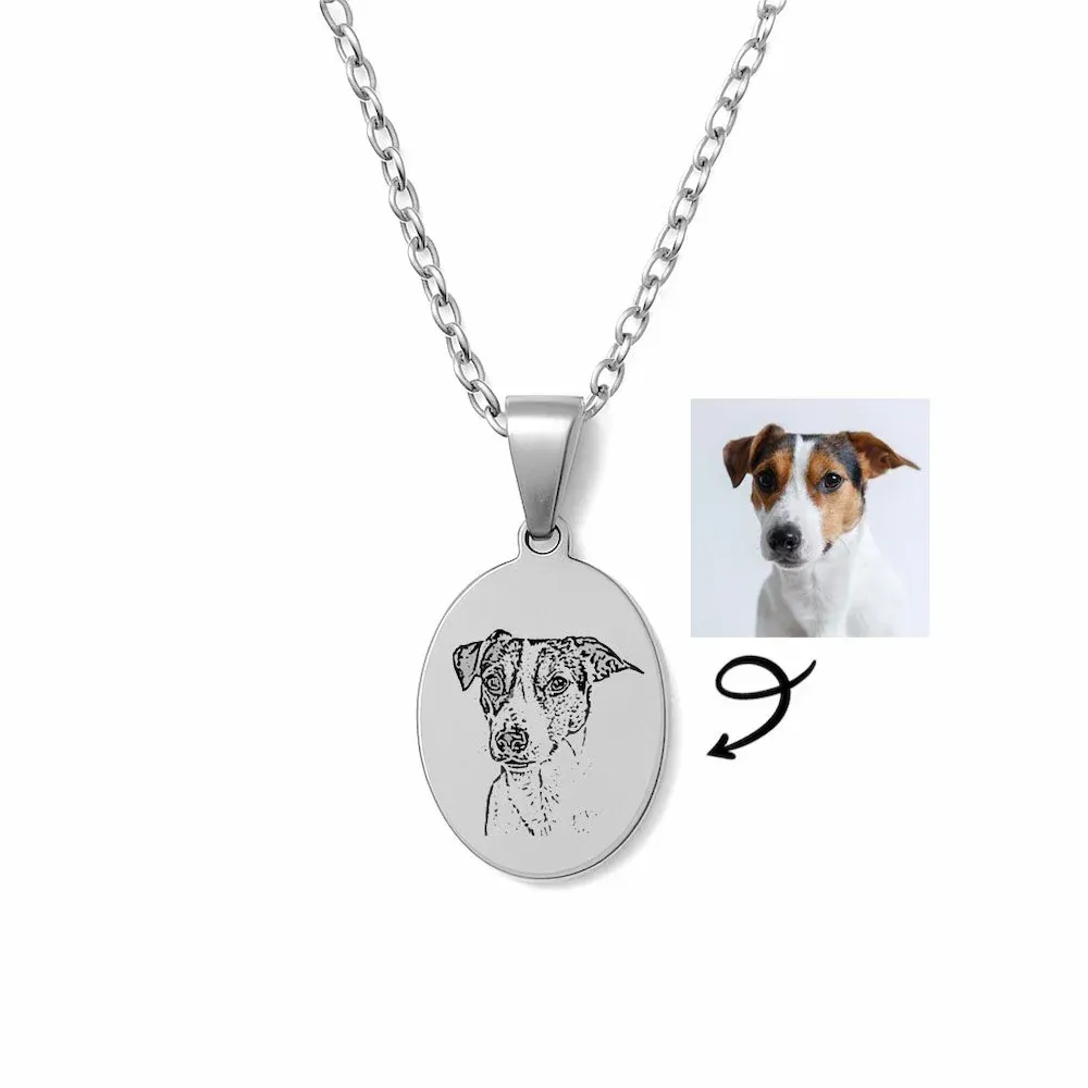 Pet Photo Necklace – Custom Engraved Oval Pendant (Silver, Gold &amp; Rose Gold)