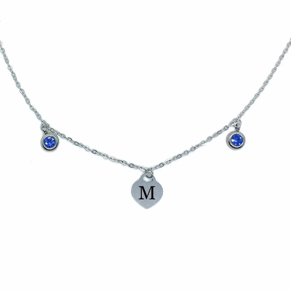 Heart Initial Necklace – Custom Engraved Pendant with Zirconia (Blue, Pink, Purple, Red, Turquoise &amp; Yellow)