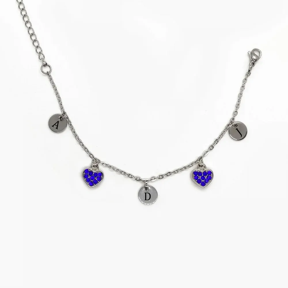 personalised initials blue heart zirconia bracelet   stainless-steel charm engraved initial keepsake