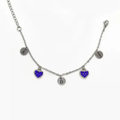 personalised initials blue heart zirconia bracelet   stainless-steel charm engraved initial keepsake