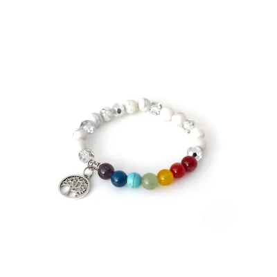 Howlite gemstone with Chakra beads &amp; Tree of Life bracelet - Calm &amp; Clarity