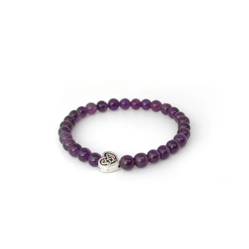 Amethyst with Heart charm bracelet (6mm) - Inner peace and spiritual awareness