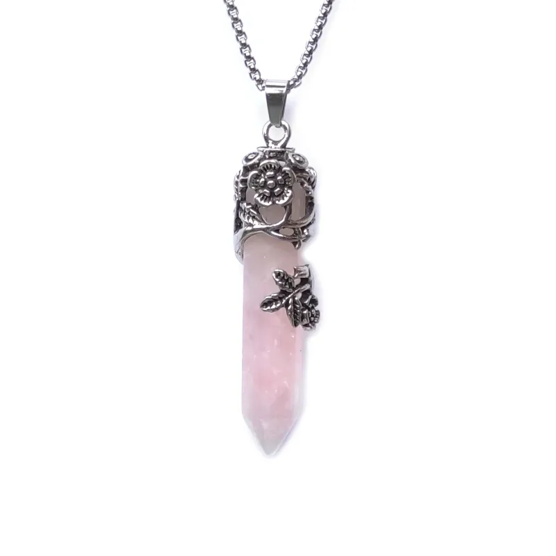 Rose Quartz pendant gemstone necklace (Flower holder) - Clarity &amp; Amplification
