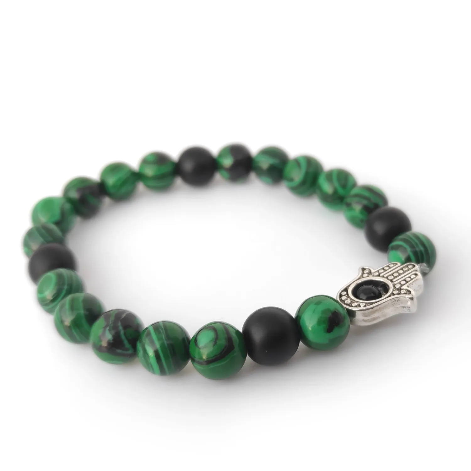 Malachite with Black Onyx &amp; Hamsa hand bracelet