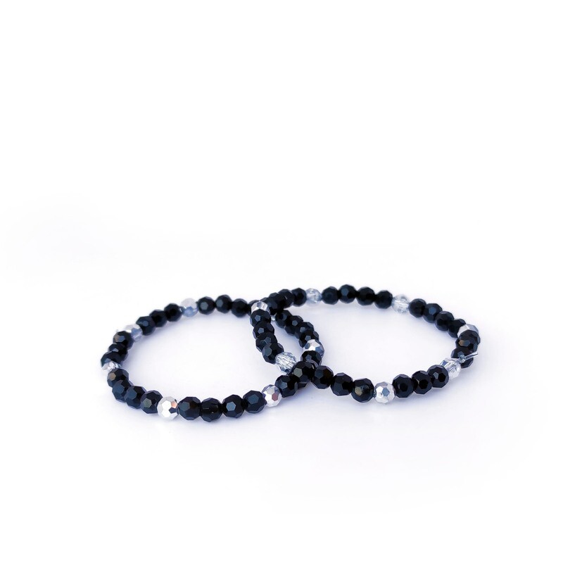 Baby Nazar bracelets set with black and silver crystal beads, handmade protective jewellery for babies