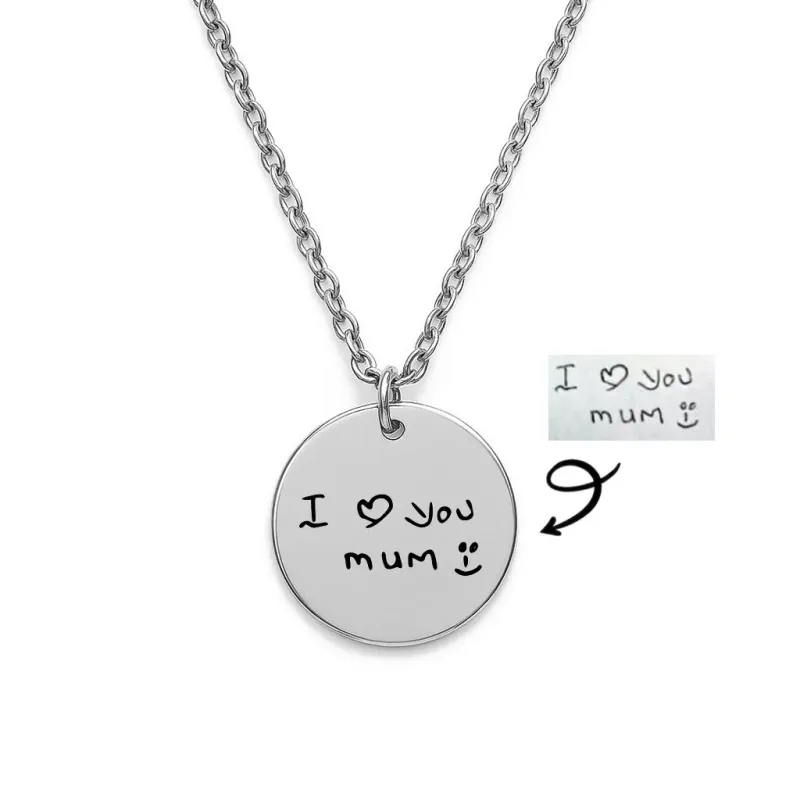 personalised handwriting tag necklace silver tone pendant engraved custom keepsake jewellery